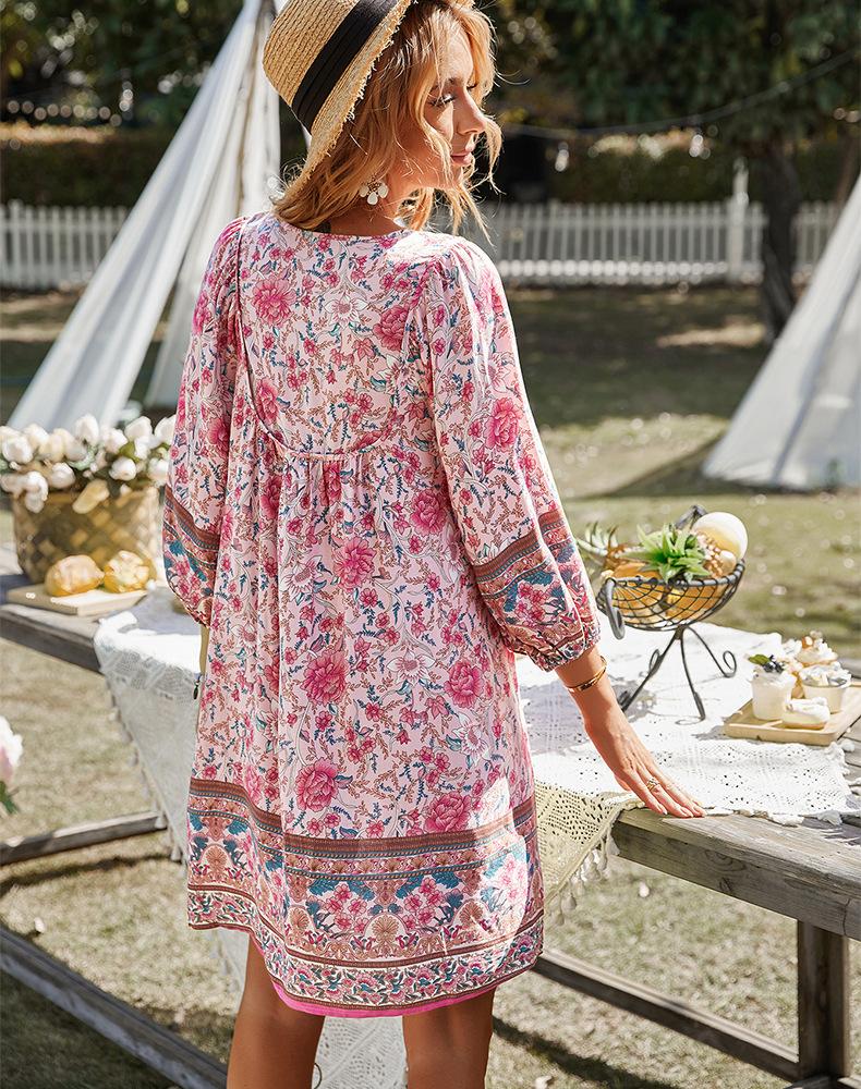 Beach Boho Vintage Floral Print A-Line Dress Summer Fall Casual Women Long Sleeve Tie Up V Neck Loose Mini Dress