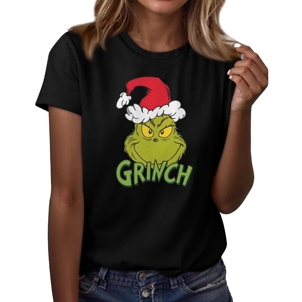 Women's Casual Christmas Printed Short Sleeved Loose Round Neck Pullover Top Top