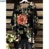 Elegante Blumenmuster-Bluse für Damen - Hellviolett mit weißen Blumen Langarm Rundhalsausschnitt Perfekt für Frühling & Herbst