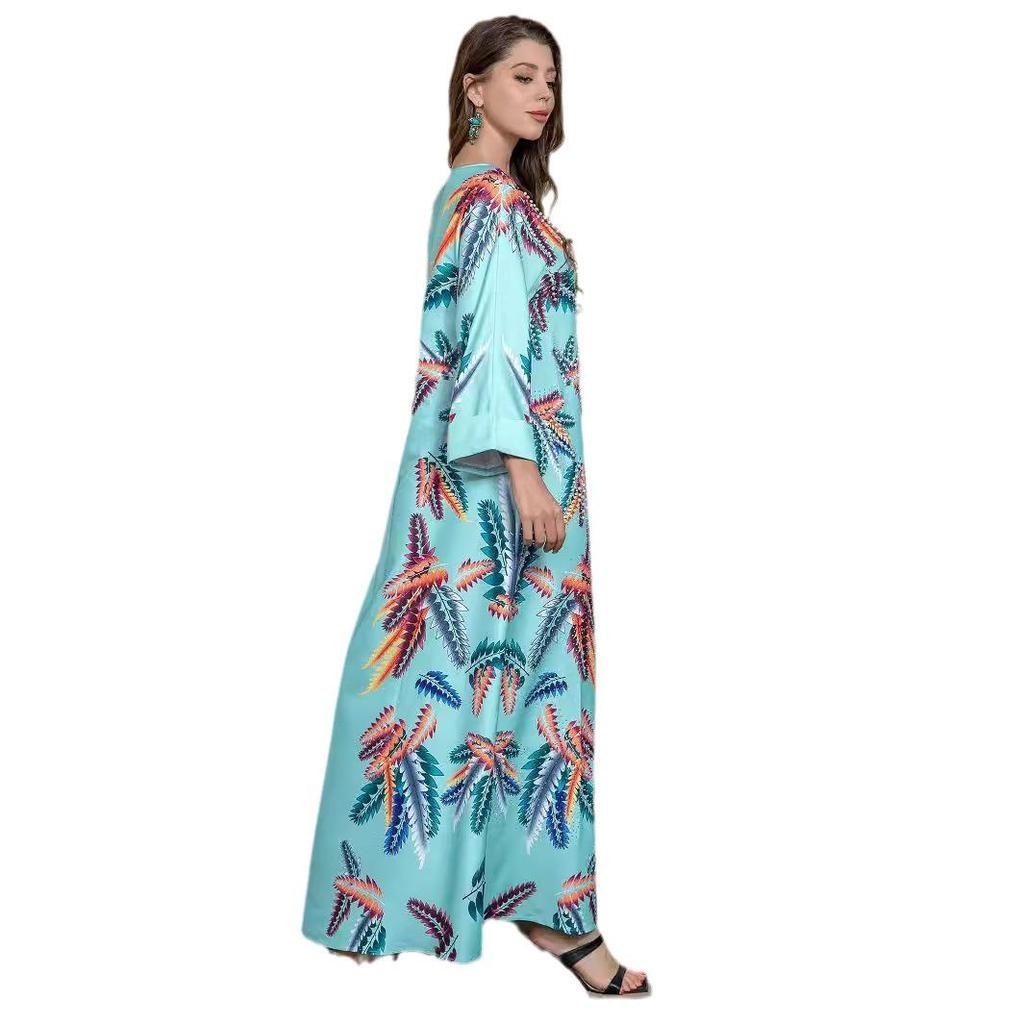 Ethnic Style Saudi Muslim Women's Robe - Cross-Border Print with Beads and Hot Drills