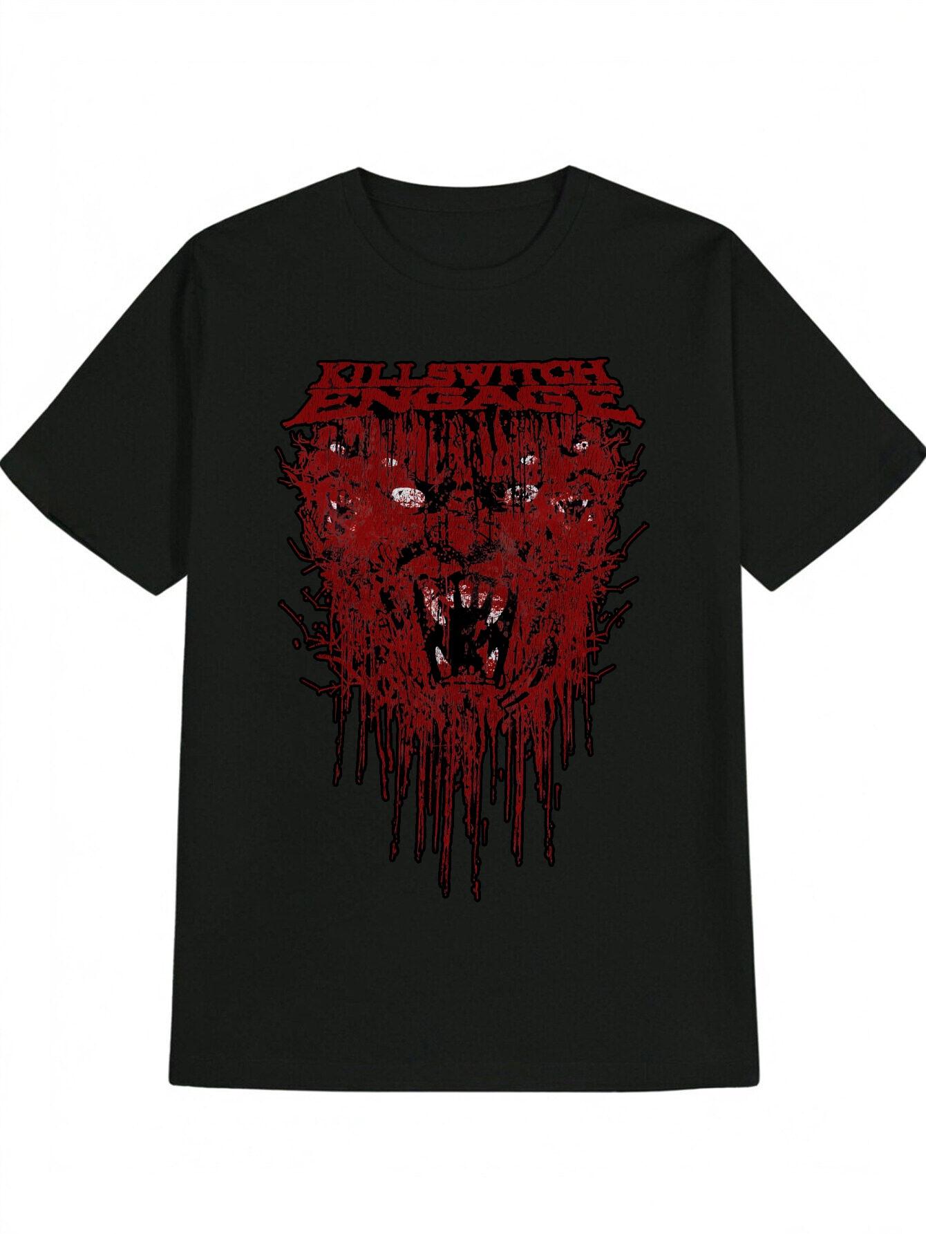 Casual Black T-shirt with Red Abstract Face Print - Dripping Eye Design XXL