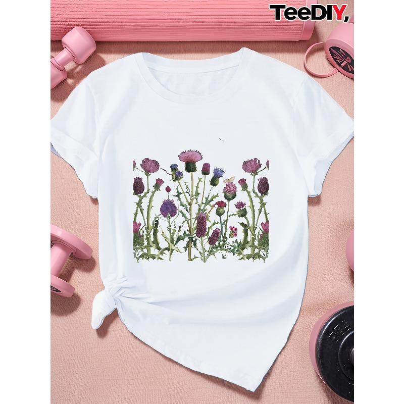 Women Sports Short Sleeve T-Shirt Thistle Botanical Garden Illustration Casual Sports Top