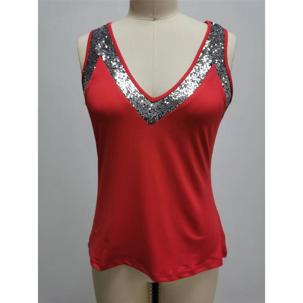 Women's Solid Color Sleeveless V-Neck Glitter Wide Strap Vest