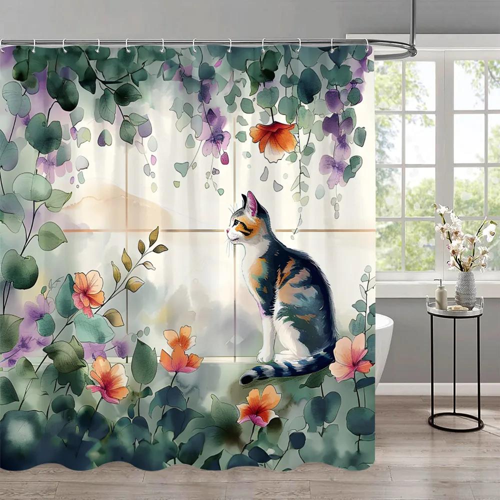 Funny Cat Children'S Shower Curtain Colourful Cartoon Patterns Children'S Room Curtains Bathroom Decor Accessories With Hooks