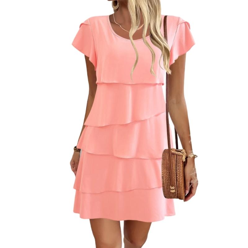 Women's Short Sleeve Crew Neck Ruffle Tiered Layered Flowys Swing Long Midi Dress Summer Dresses Casual Loose Dresses