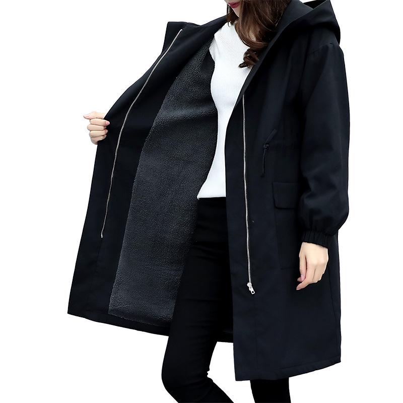 Geacă de vânt groasă de pluș cu glugă pentru femei: Mediu/Lung, Croială Largă & Slim, Stil Coreean, Mărime Mare, Iarna 2025