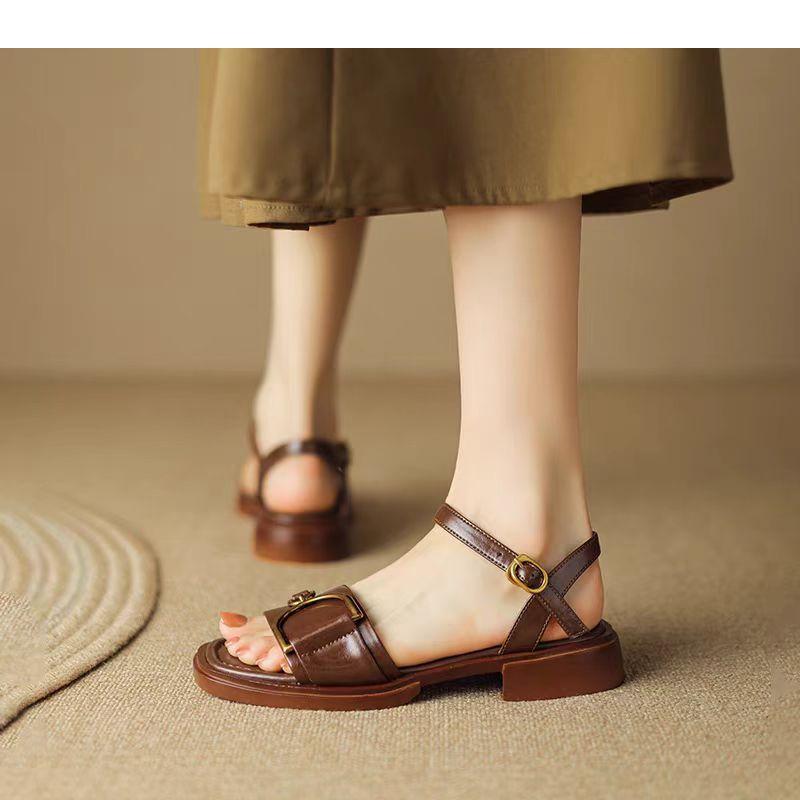 Open-toed Sandals Women's 2025 New Summer Large-size Retro Flat-bottomed Casual Versatile One-word Belt Women's Sandals