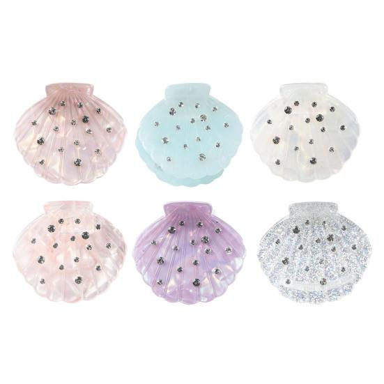 Hair Claw Shell Shape Rhinestones Inlaid Hair Clip Anti-slip Teeth Strong Grip Acrylic Small Hair Clip Styling Hair Accessory