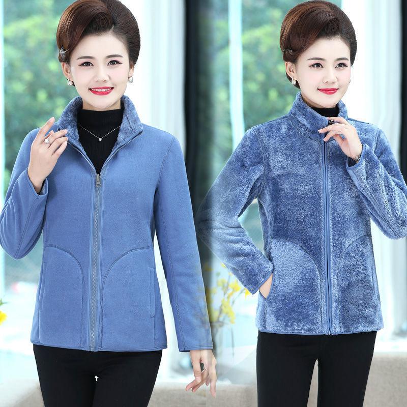 Polarový fleece Dámská nadměrná velikost Dámské středního věku a starší Zimní oblečení Plus Samet Volná Oboustranná bunda