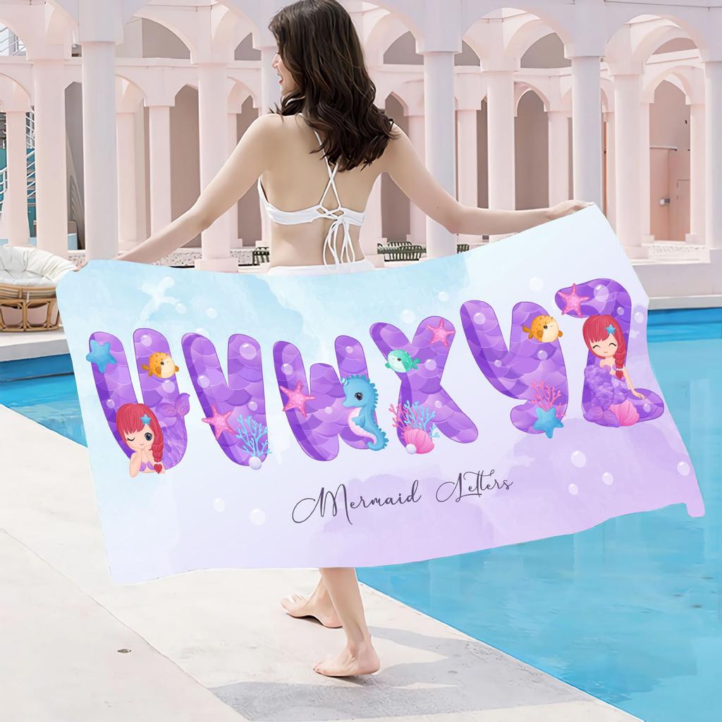 Purple Little Mermaid Children'S Bath Towel Pink Beach Towel Seaside Swimming Quick Drying Bath Towel Absorbent Portable