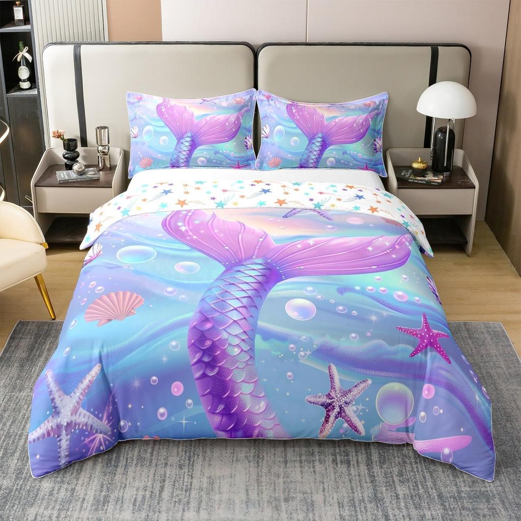 Cute Mermaid Tail Duvet Cover Set Queen King Size Fairy Tale Themed Princess Bedding 3 Pcs For Girls Bedroom Decor Super Soft
