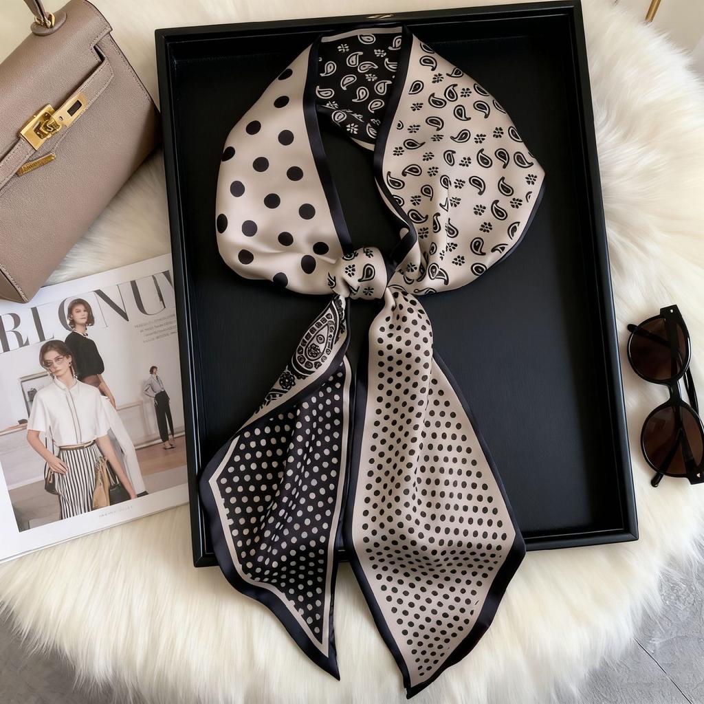 Temperament Long wide hair band, tied bag belt, double-sided silk scarf, retro literary satin streamer ins multi-functional scarf