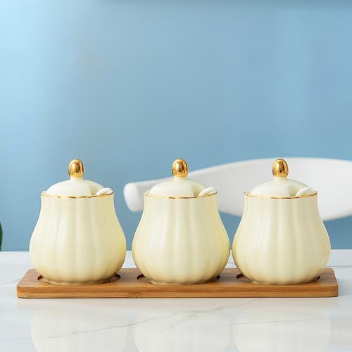 Creative Kitchen Ceramic Seasoning Jar Three-piece Seasoning Jar Seasoning Box Combination Salt Jar Chili Oil Cans Household