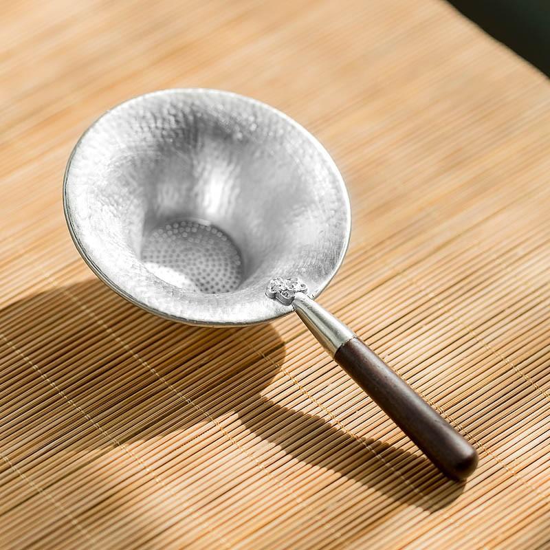 Handcrafted Hammered Pure Tin Tea Strainer with Wooden Handle and Filter Mesh Kung Fu Tea Accessories