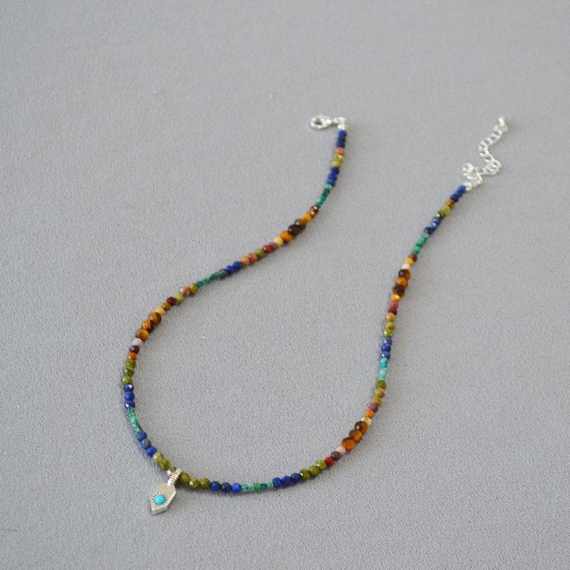 French Romantic Retro Literary Turquoise Pendant Colored Multi-Precious Stone Beaded Necklace Contrasting Color Versatile Collarbone Chain Women