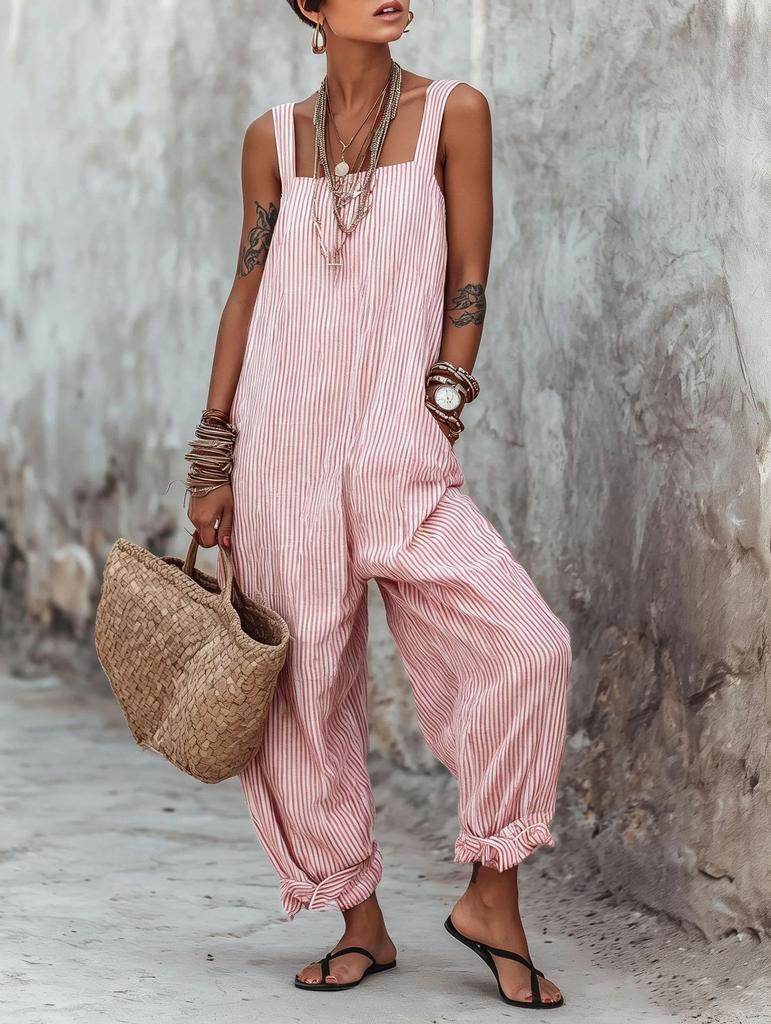 Women's Sleeveless Side Tie Wide Leg Jumpsuit Striped Casual Romper