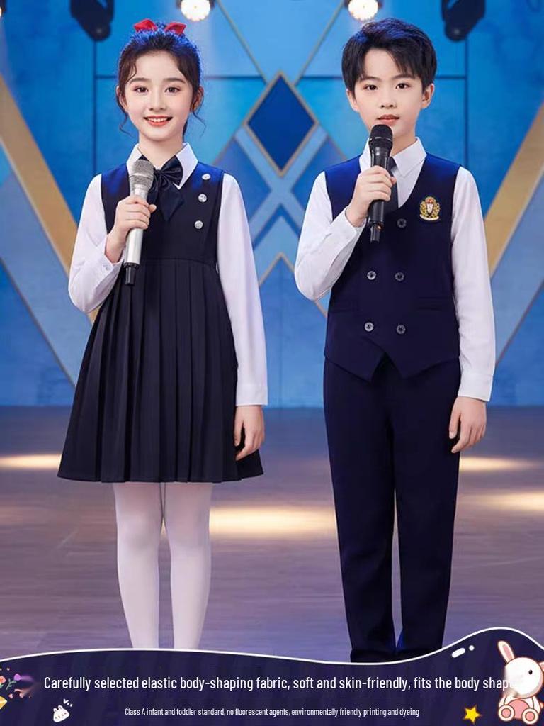 Children's Patriotic Choir Costumes - Boys & Girls Blue Outfits with Red Scarf for Recitation Competitions