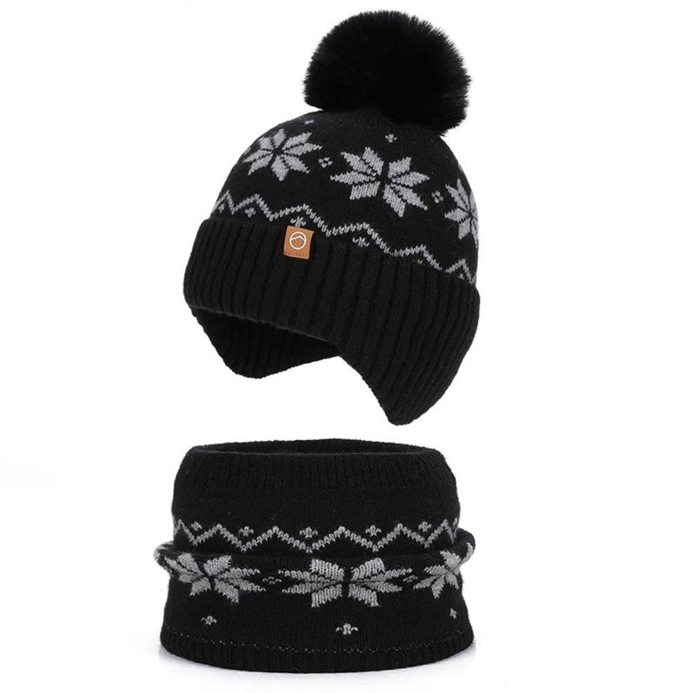 Polyester Winter Knitted Hat Warm Ear Flap Kids Snowflake Beanie for 2/3 Piece Set For Boys Girls
