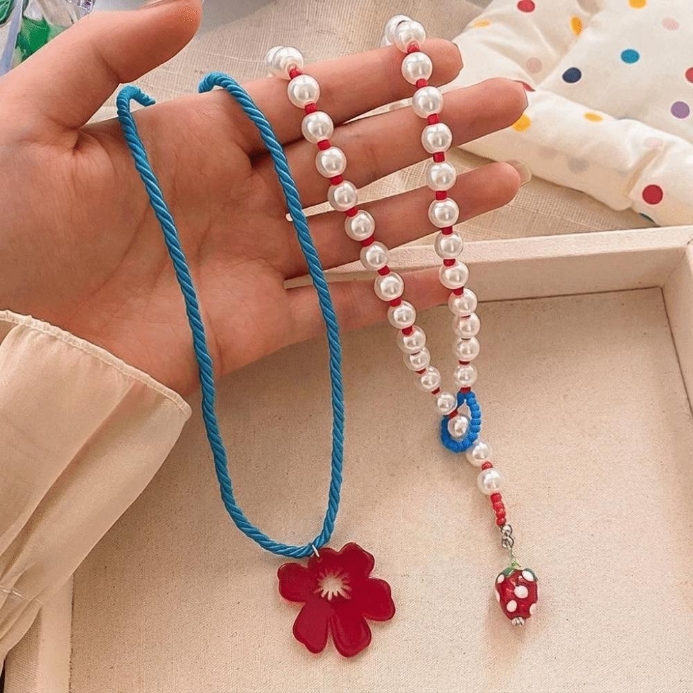 2pca Strawberry Pendant Braided Rope Necklace Layered Simulated Beads Chain Flower Necklace Summer