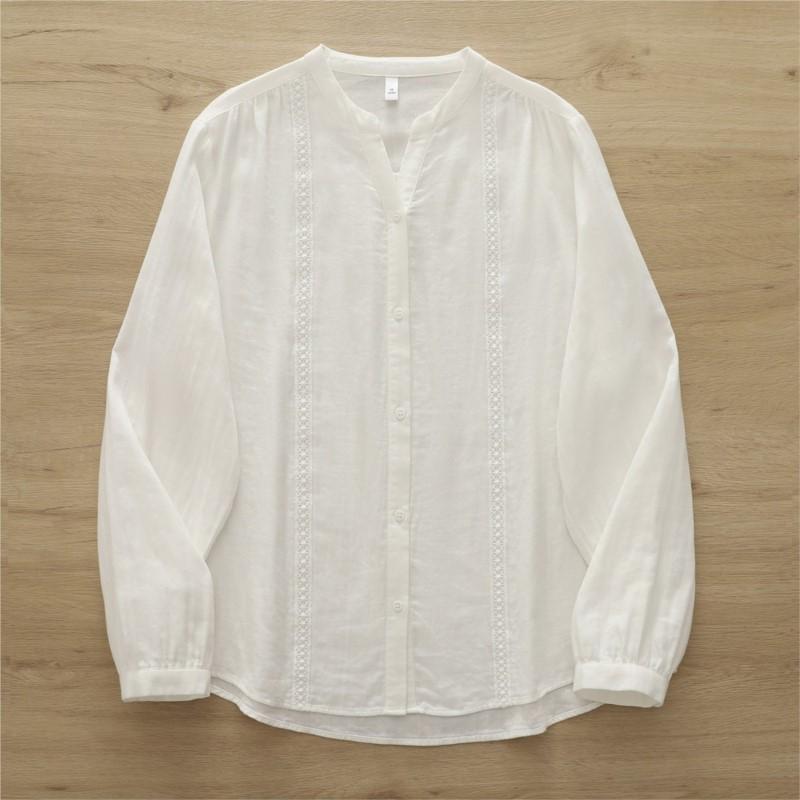 Women Cotton Yarn Soft Shirts Long Sleeve V Neck Blouses White Blue Patchwork Office Lady Tops Casual Female Clothes