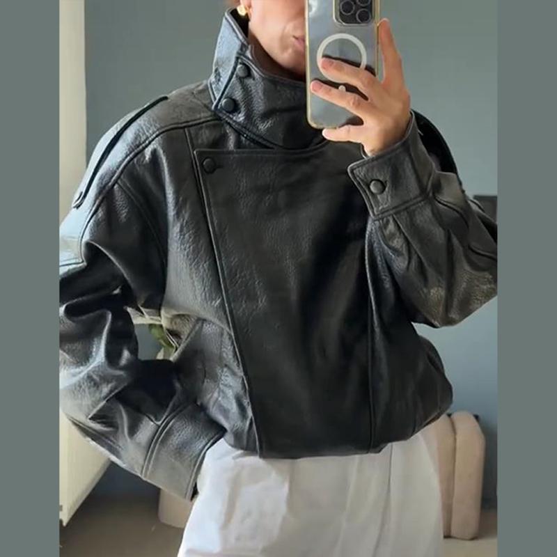 Chaqueta de Mujer con Cuello Mao Manga Larga Doble Botonadura Sólida Chaquetas de Cuero Femeninas Moda Otoño 2025 Ropa Exterior de Calle para Dama