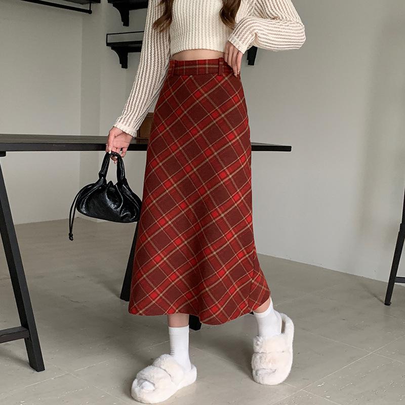 Retro Red Wool Plaid A-Line High-Waisted Mid-Length Skirt for Autumn/Winter L красный