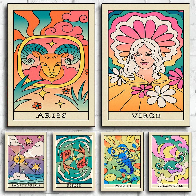 

Мультфильм 12 зодиакальных астрологических постеров Рак Рыбы Овен Холст Картина красочная настенная живопись для гостиной украшения дома