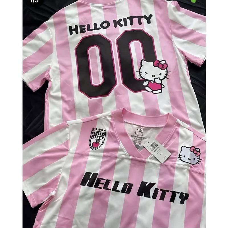 Hello Kitty Tshirt Fashion Sportswear Women Men V-neck Loose Lightweight Breathable Streetwear Cosplay Women Men Tops S
