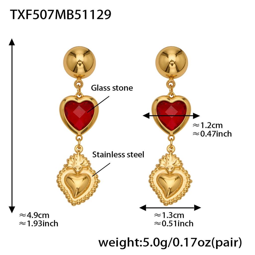 Colorful Heart Glass Stone Tassel Earrings & 18K Gold Plated Stainless Steel Necklace