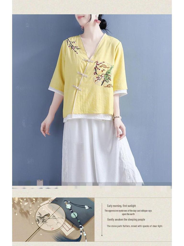 Women's Ethnic V-Neck Embroidered Cotton-Linen Cardigan Top and Mid-Sleeve Tea Dress