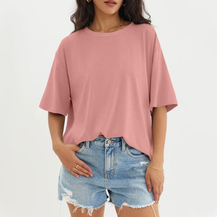 

Solid Color Round Neck Top Women Casual Three Half Sleeve Fashionable XXL рожевий