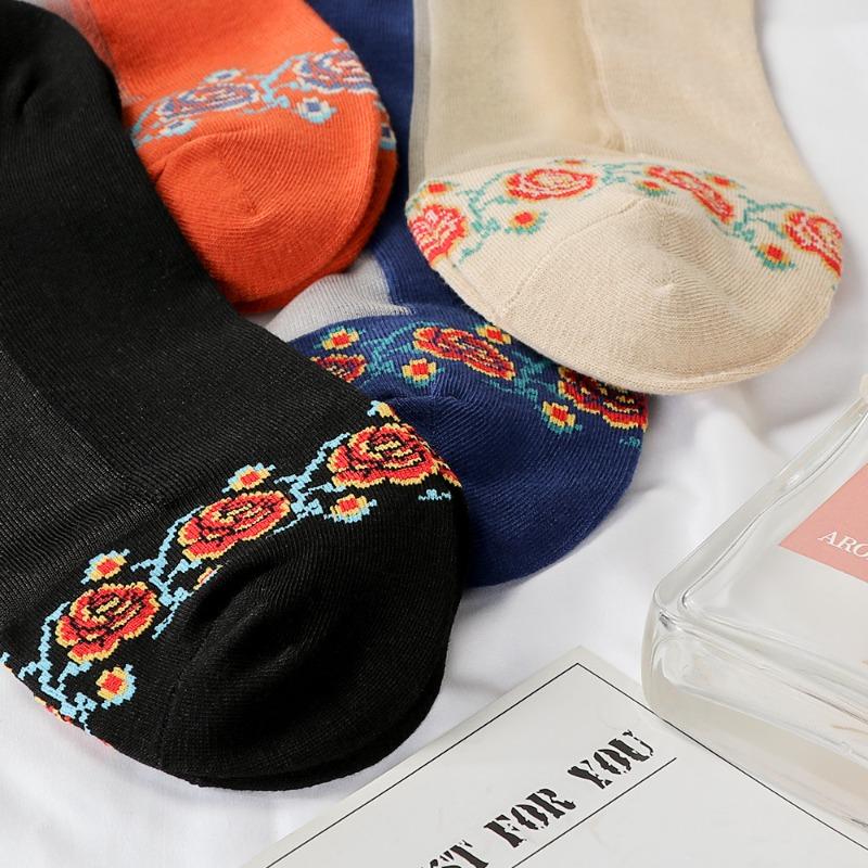 5 Pairs Women's Spring and Summer Thin Retro Anti Skid Crystal Cotton Bottom Medium Tube Ice Stockings