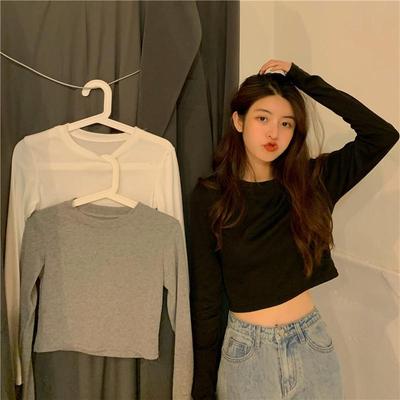 Weißes Crop-Top mit langen Ärmeln im koreanischen Stil für Damen - Slim Fit, trendige Frühlings-/Herbstbekleidung