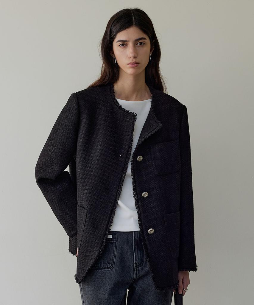 ARTID Oversized Collarless Tweed Jacket_Black