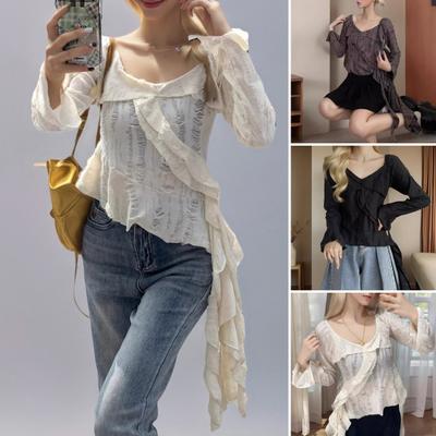 Women Tops V-Neck Flared Long Sleeve Slim Fit Tee Shirt Solid Color