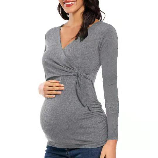 European and American trends Bao Ma cross V-neck breastfeeding T-shirt maternity top spot loose type