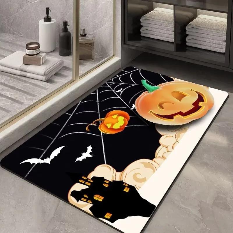 Spooky Halloween Cartoon Non-Slip Soft Washable Indoor Carpet Rug Door Mat - Pumpkin Ghost Black Cat Bat Festive Home Decoration