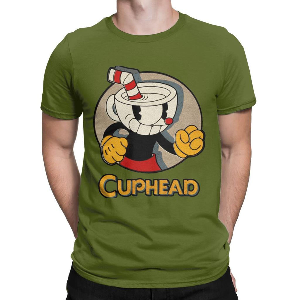 Creative Cuphead And Mugman Angry T-Shirt for Men Crew Neck Pure Cotton T Shirts Retro Games Short Sleeve Tee Shirt Clothing