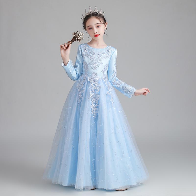 New Girls' Princess Tulle Dress - Puffy, Long, Autumn/Winter Style, Perfect for Evening, Flower Girl, Wedding, or Performance.