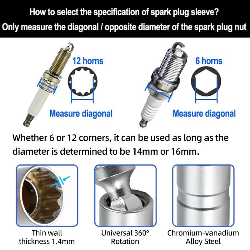 Universal Spark Plug Socket Wrench Adapter Magnetic 3/8" Drive 12 Angle Spark Plug Removal 14mm 16mm Car Repair Removal Tool