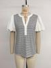 Baifenzhiyi 2026 Women's Striped Patchwork V-neck Puff Sleeve Casual T-shirt