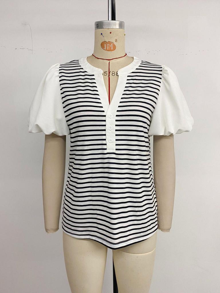 Baifenzhiyi 2026 Women's Striped Patchwork V-neck Puff Sleeve Casual T-shirt