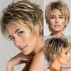 Synthetic Mommy Wig with Bangs for Women Mixed Blonde Short Curly Wigs Pixie Cut Hairstyle Daily Costume Heat Resistant