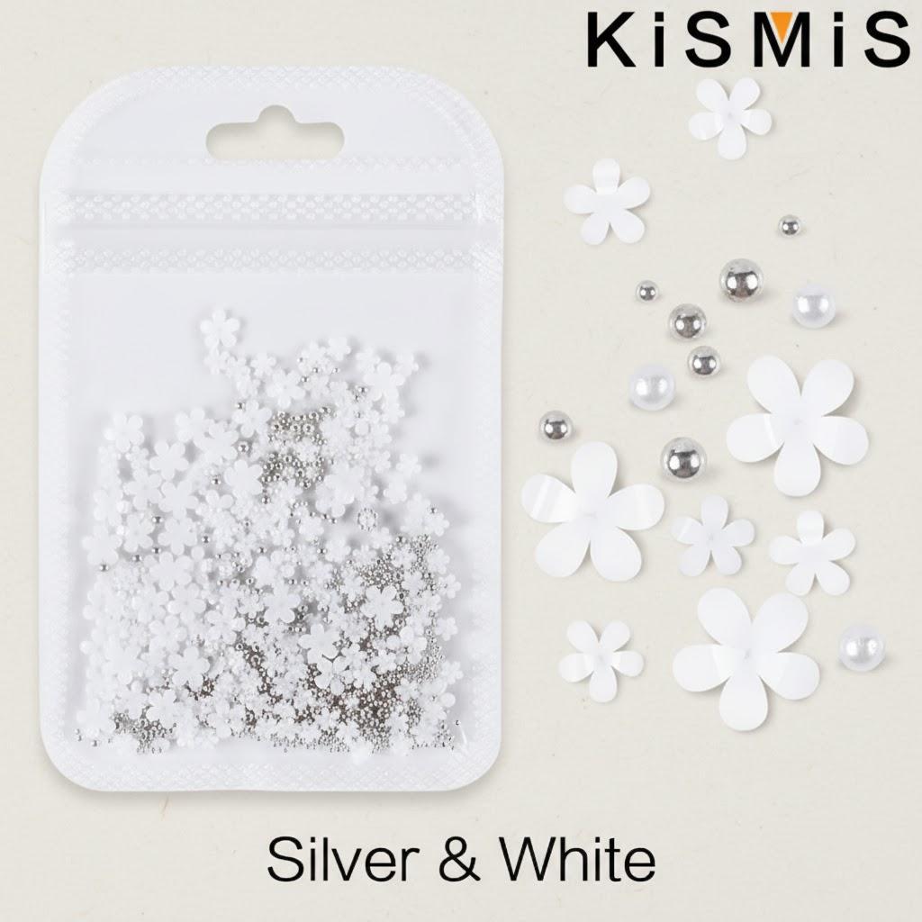 

Multi-size White Flower Nail Art Resin Flowers Acrylic Nail Decorations Silver Gold Beads Beauty серебро белый