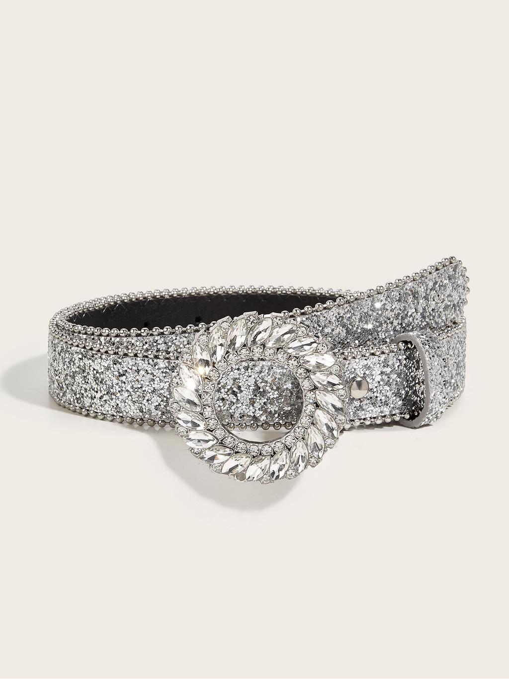 Eye-catching Round Buckle Belt With Sparkling Rhinestone Decoration