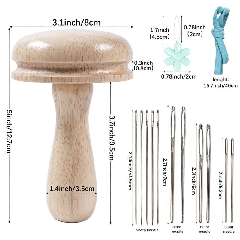 Sweater Care Darning Mushroom Set, Wooden Clothing Support with 10 Assorted Needle Types and Threader for Daily Household Repair Work