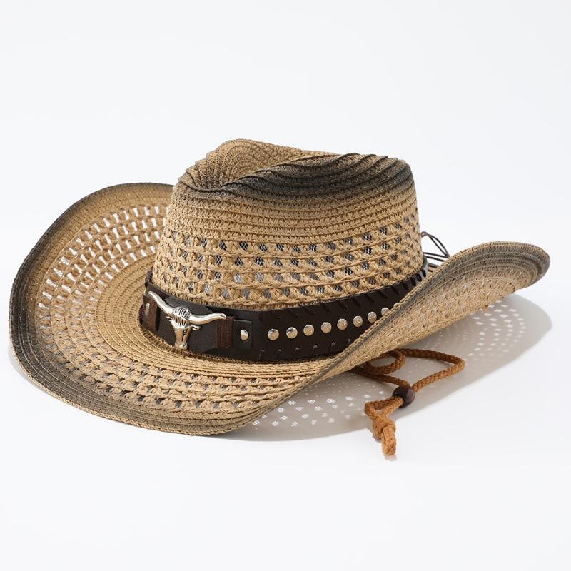 Spray painted denim straw hat, new western summer men's and women's sun hat, jazz hat, sun protection hat, big-brimmed ox head straw hat