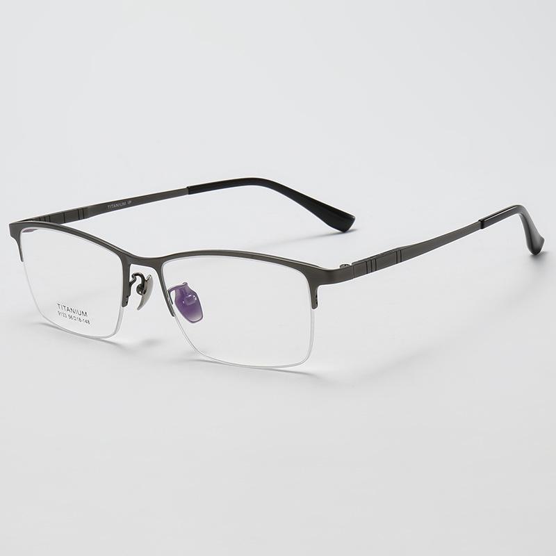Men s Business Square Semi-Rimless Glasses Frame, Accordion Temple, Pure Titanium, Compatible with Anti-Blue Light.