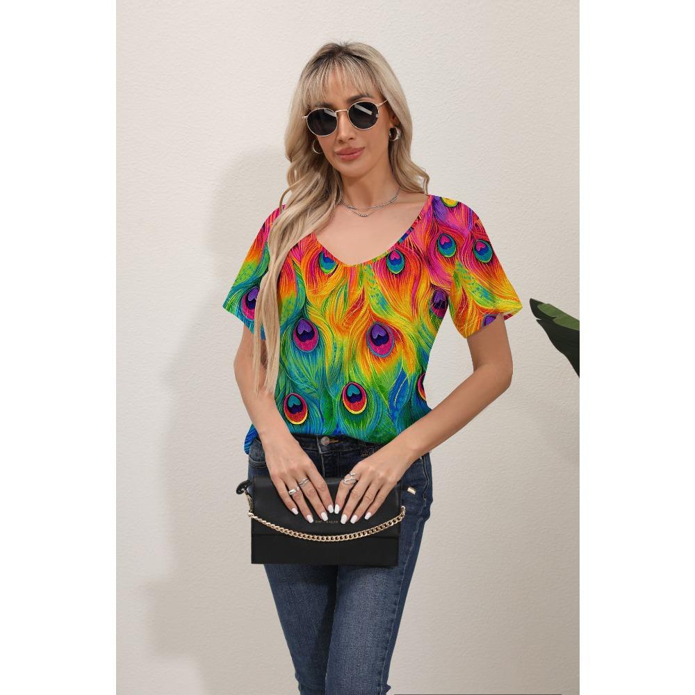 Women's T-shirts Summer Gradient Graphics Tops V Neck Fashion Female Vintage Clothing Floral Print
