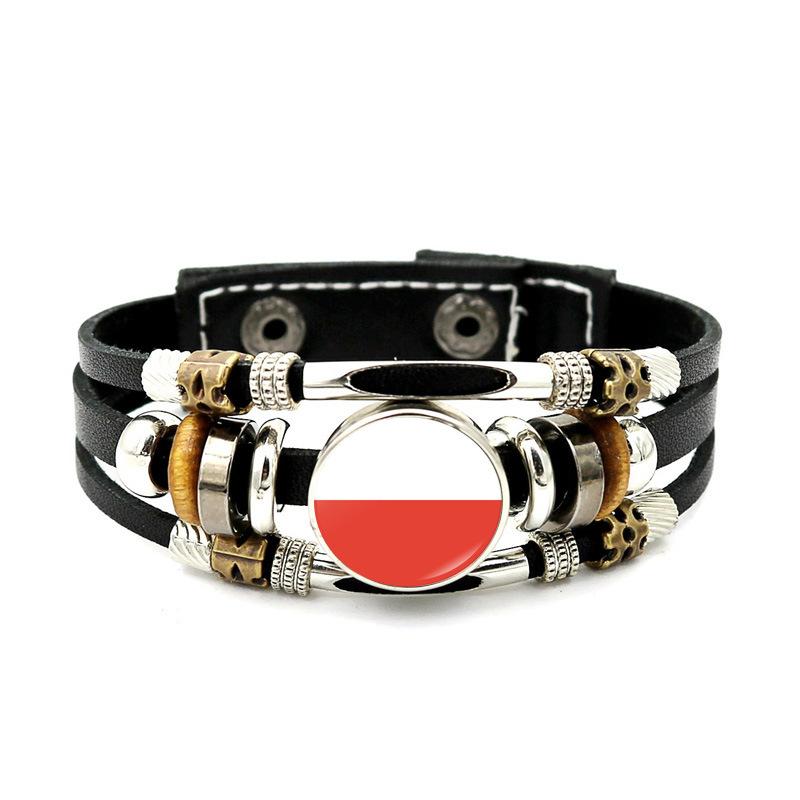 Factory National Country Flag Design Bracelet Crystal Bead Snap Button Sports National Team Jewelry Gift Leather Wrap Bracelet